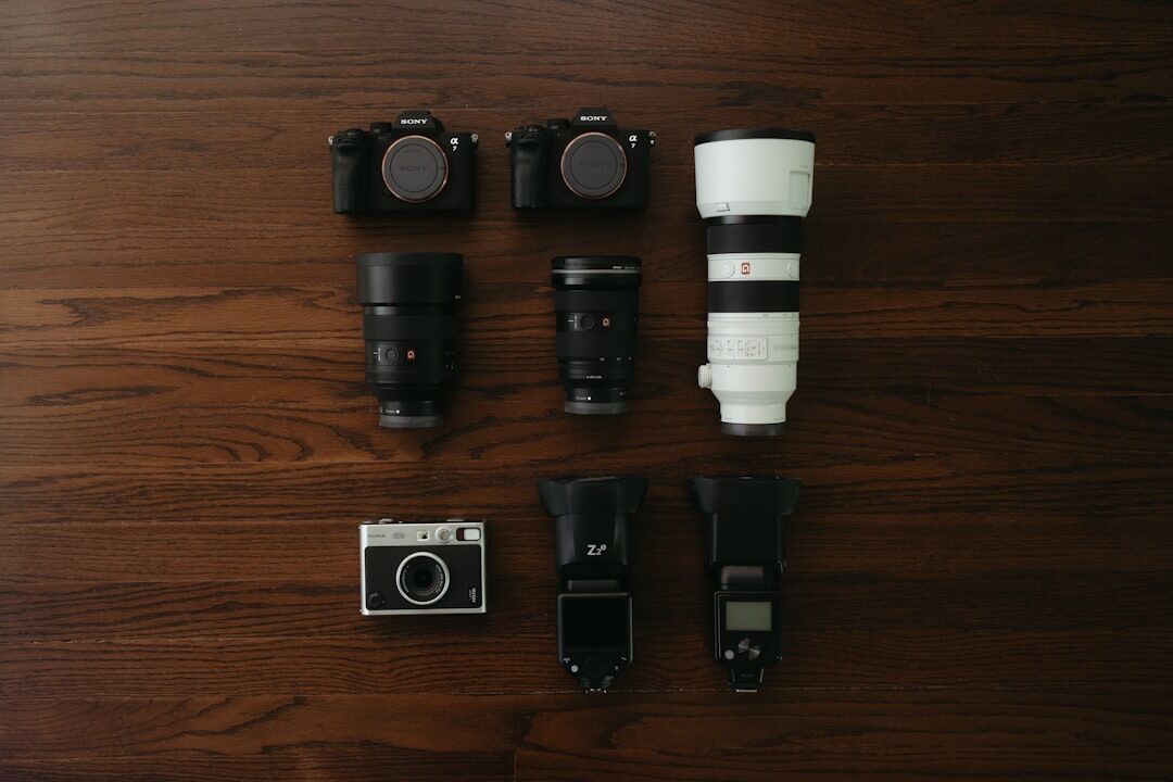 Camera and photography equipment flat lay