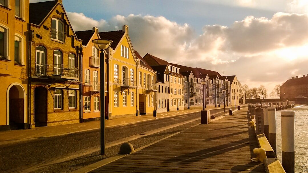 Danish coastal town street at golden hour